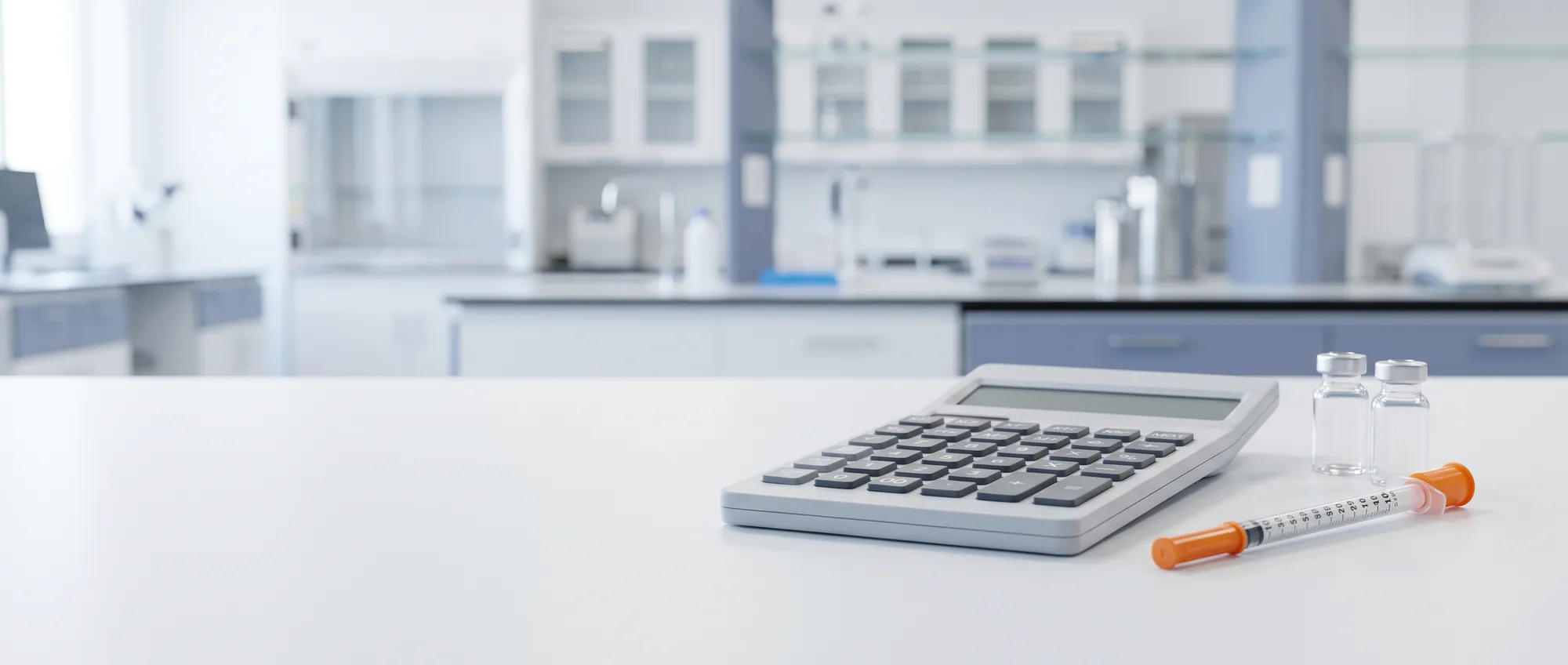 A calculator and an orange-capped insulin syringe on a laboratory bench