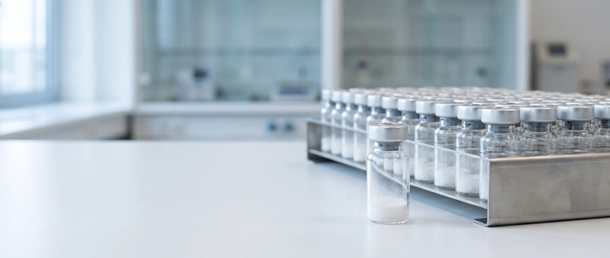 A rack of clear 3 mL glass vials in rows on a laboratory bench